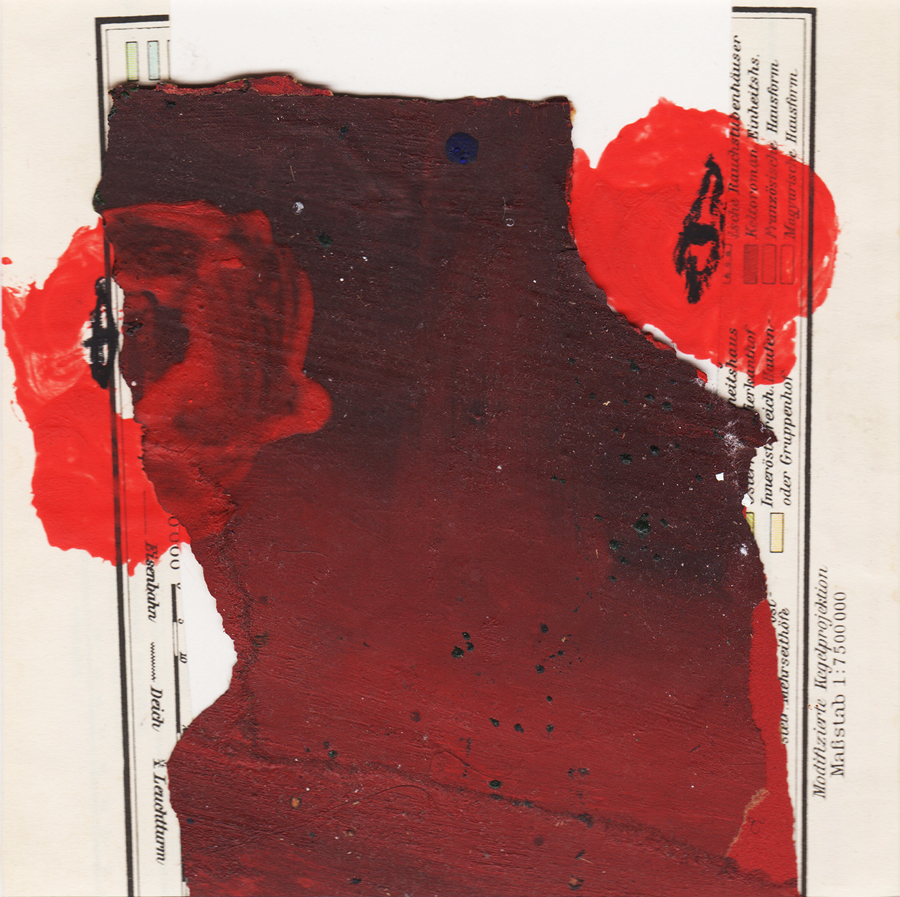 Collage, Malerei, rot, weiß, 2 Augen, Schrift