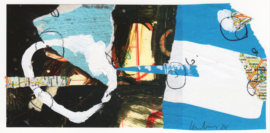 Collage, Postkarte, Malerei, blau, weiß, großer Kreis