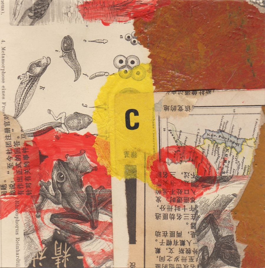 Papiercollage mit Tierzeichnungen, roter und gelber Malerei
