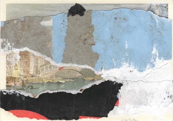 Papiercollage und Malerei auf Postkarte aus Venedig